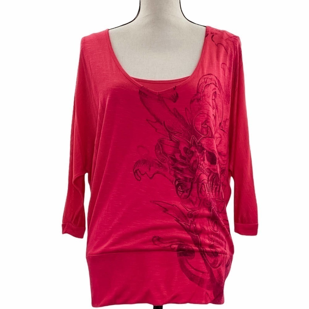 HOSTILITY Pink Skull Floral Print 3/4 Sleeve Scoop Neck & Back Blouse